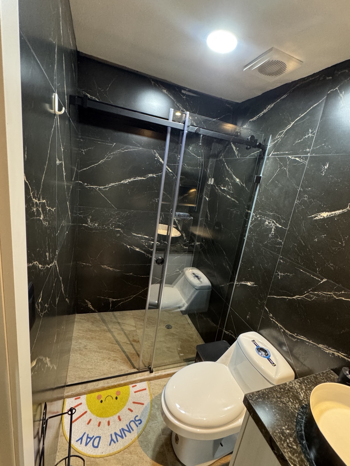 Shower with glass enclosure and toilet